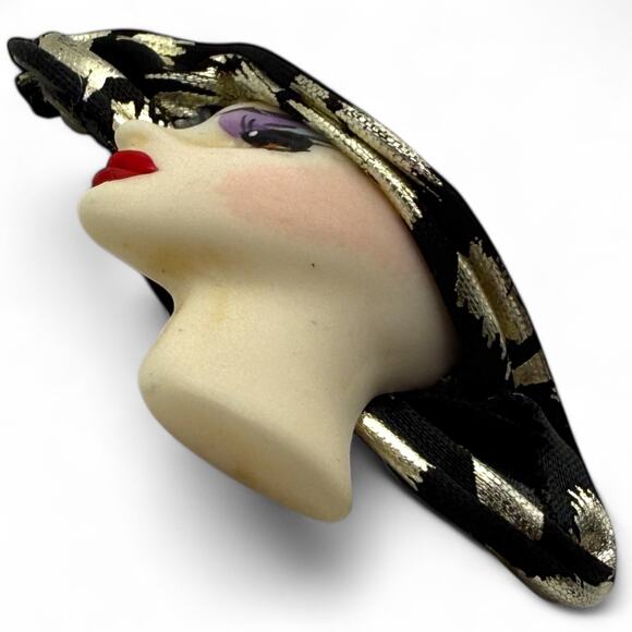 Vintage Woman Lady Face Profile Hat Brooch Hand Painted Art Deco Flapper Pin - Picture 6 of 7